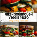 A colorful Vegetarian Sandwich on sourdough bread filled with pesto and fresh veggies.